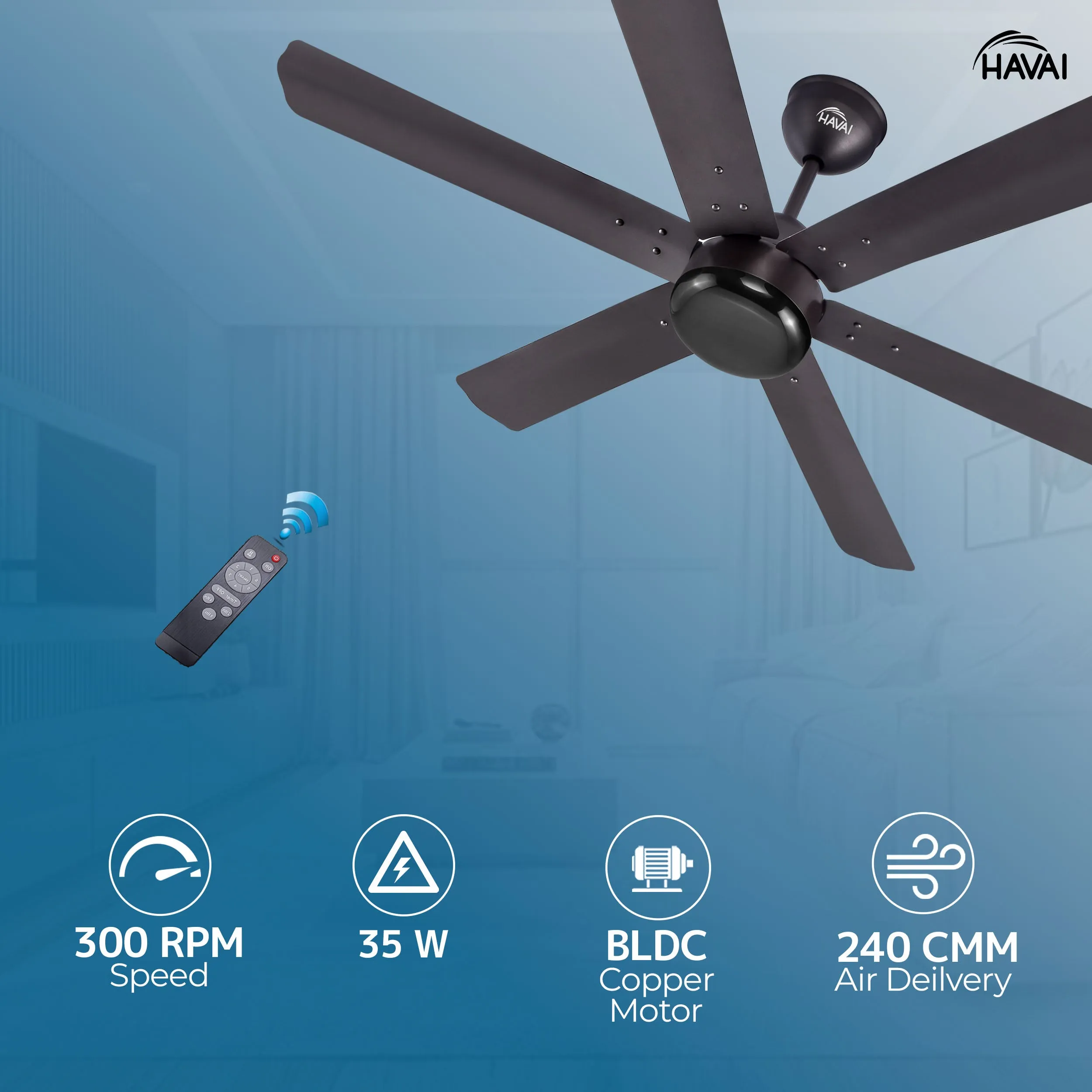 HAVAI Spinel BLDC Ceiling Fan - 6 Blades – Black Motor - 35W, 1200mm Blade with Remote – 0.5W LED (Smokey Brown)