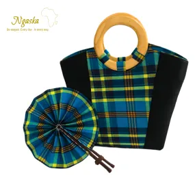 Large Bag and Fan Teal Madras Set Black  - BF1