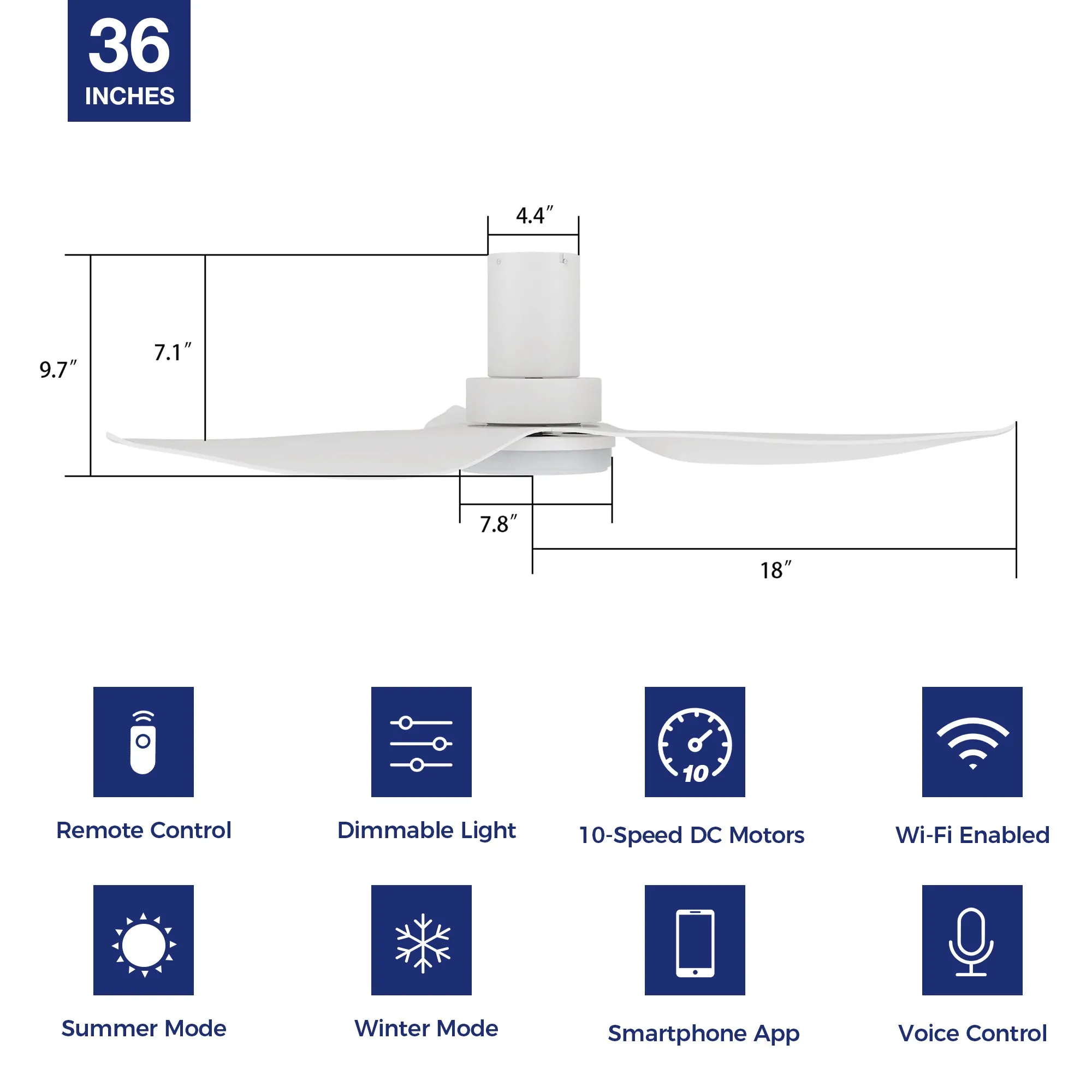 Prescott Low Profile Smart Fan with LED light and Remote 36 Inch