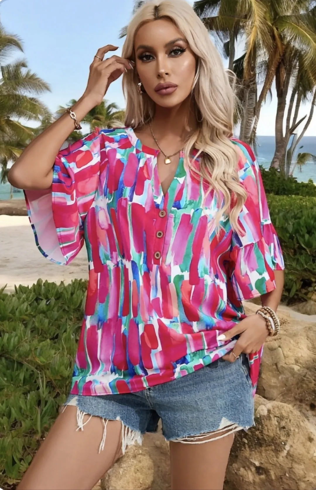 Printed Notched Half Sleeve Blouse