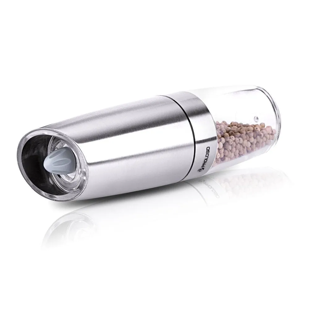 PROLOSO Gravity Electric Salt Pepper Grinder - Automatic Grinding, Anti-corrosion Ceramic Mechanism, Adjustable Grind Coarseness, Beautiful Brushed Stainless Steel, Best Gift Choice - 1pcs, 7.8"