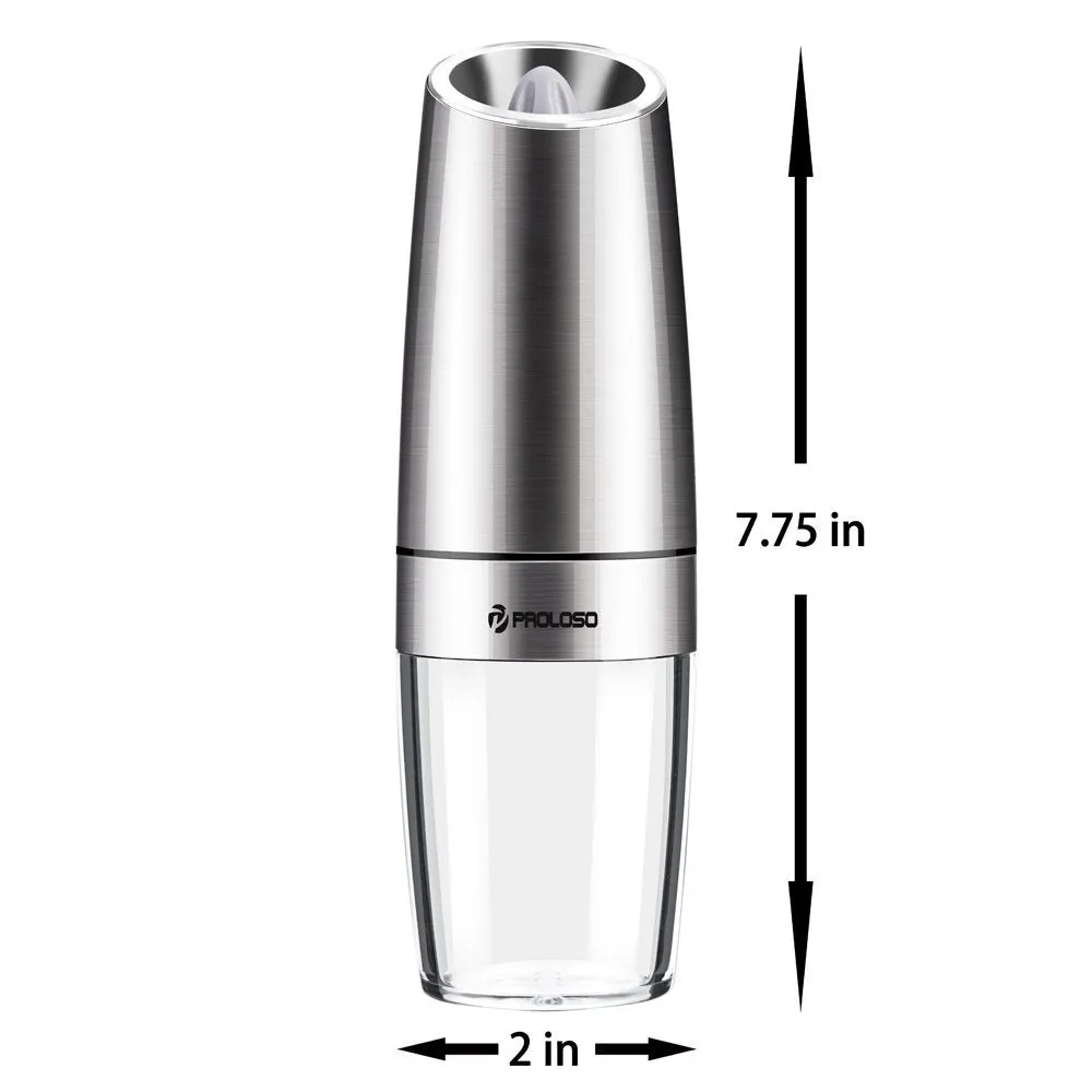 PROLOSO Gravity Electric Salt Pepper Grinder - Automatic Grinding, Anti-corrosion Ceramic Mechanism, Adjustable Grind Coarseness, Beautiful Brushed Stainless Steel, Best Gift Choice - 1pcs, 7.8"