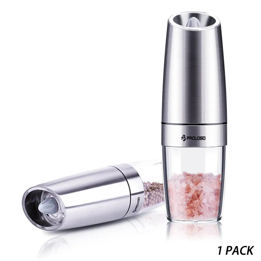 PROLOSO Gravity Electric Salt Pepper Grinder - Automatic Grinding, Anti-corrosion Ceramic Mechanism, Adjustable Grind Coarseness, Beautiful Brushed Stainless Steel, Best Gift Choice - 1pcs, 7.8"