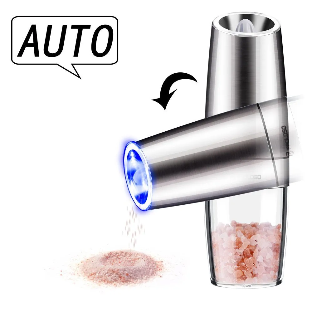 PROLOSO Gravity Electric Salt Pepper Grinder - Automatic Grinding, Anti-corrosion Ceramic Mechanism, Adjustable Grind Coarseness, Beautiful Brushed Stainless Steel, Best Gift Choice - 1pcs, 7.8"