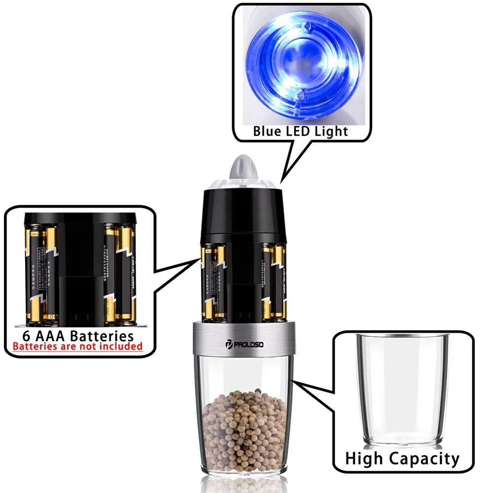 PROLOSO Gravity Electric Salt Pepper Grinder - Automatic Grinding, Anti-corrosion Ceramic Mechanism, Adjustable Grind Coarseness, Beautiful Brushed Stainless Steel, Best Gift Choice - 1pcs, 7.8"