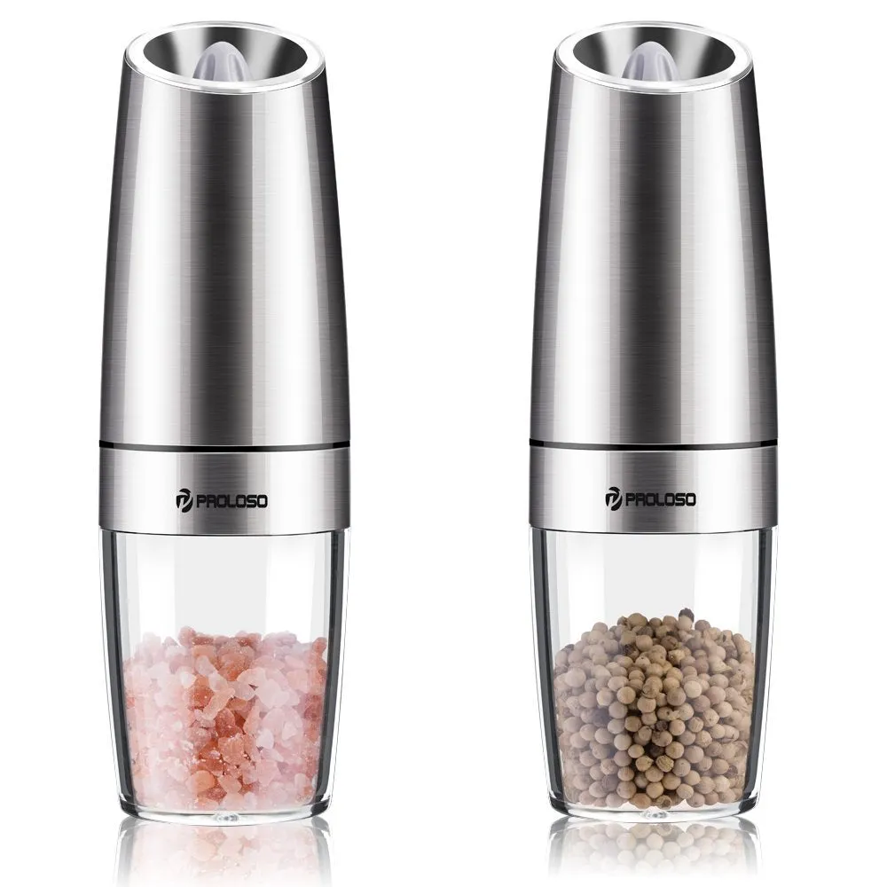 PROLOSO Gravity Electric Salt Pepper Grinder - Automatic Grinding, Anti-corrosion Ceramic Mechanism, Adjustable Grind Coarseness, Beautiful Brushed Stainless Steel, Best Gift Choice - 1pcs, 7.8"