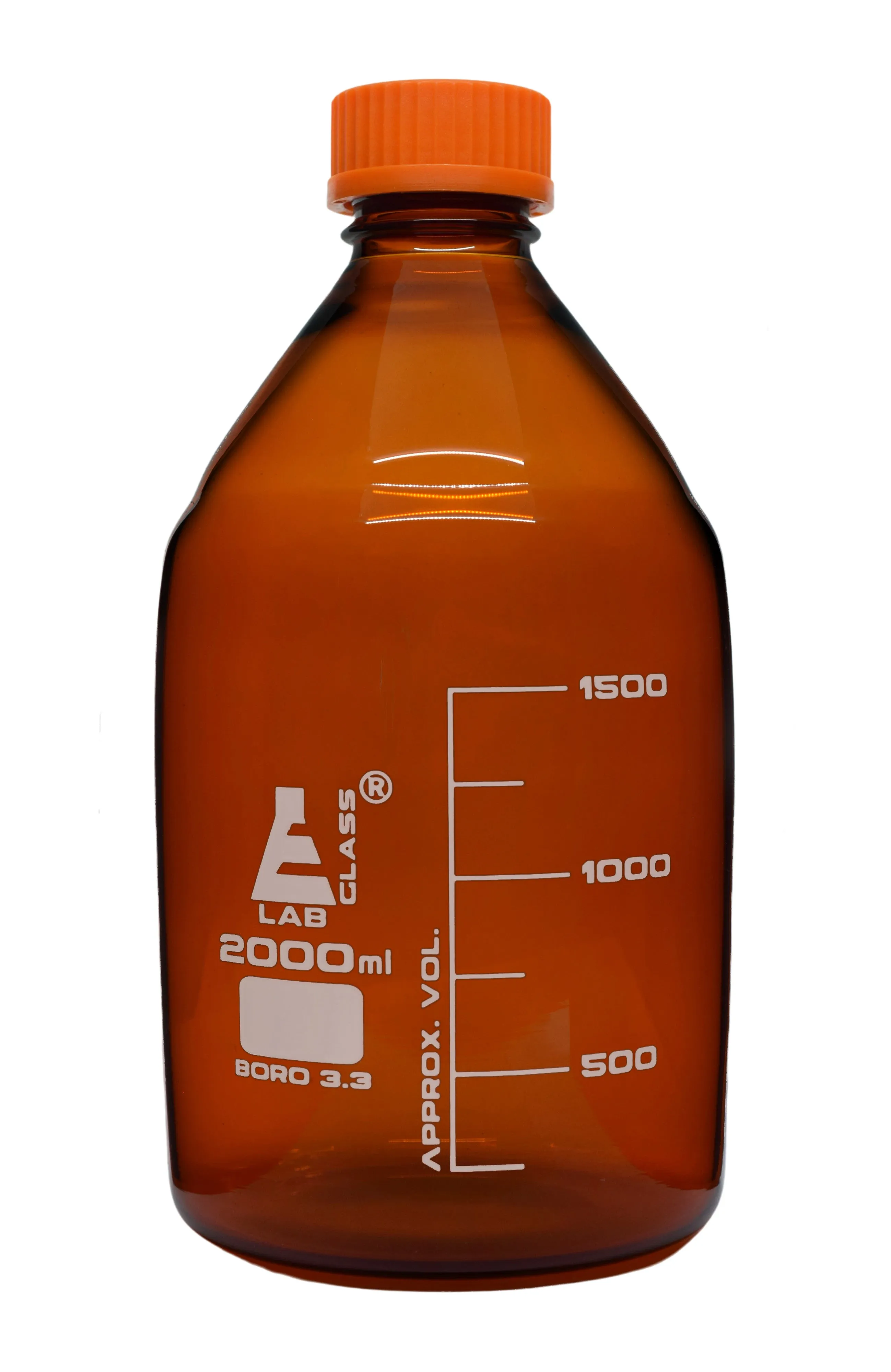 Reagent Bottle, 2000ml - Amber Colored Glass - Orange Screw Cap - Borosilicate 3.3 Glass