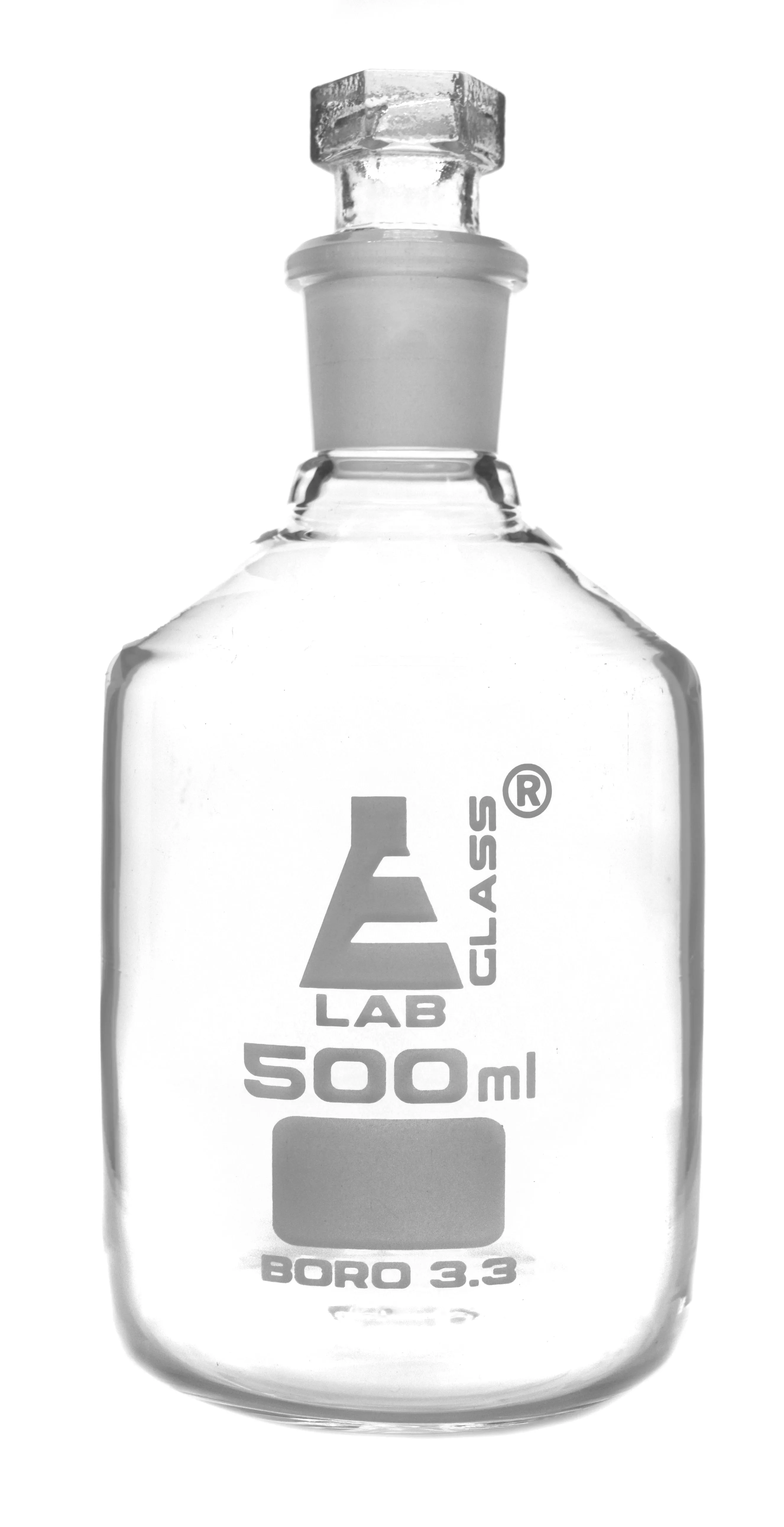 Reagent Bottle, Borosilicate Glass, Narrow Mouth with Interchangeable Hexagonal hollow glass Stopper - 500ml - Eisco Labs