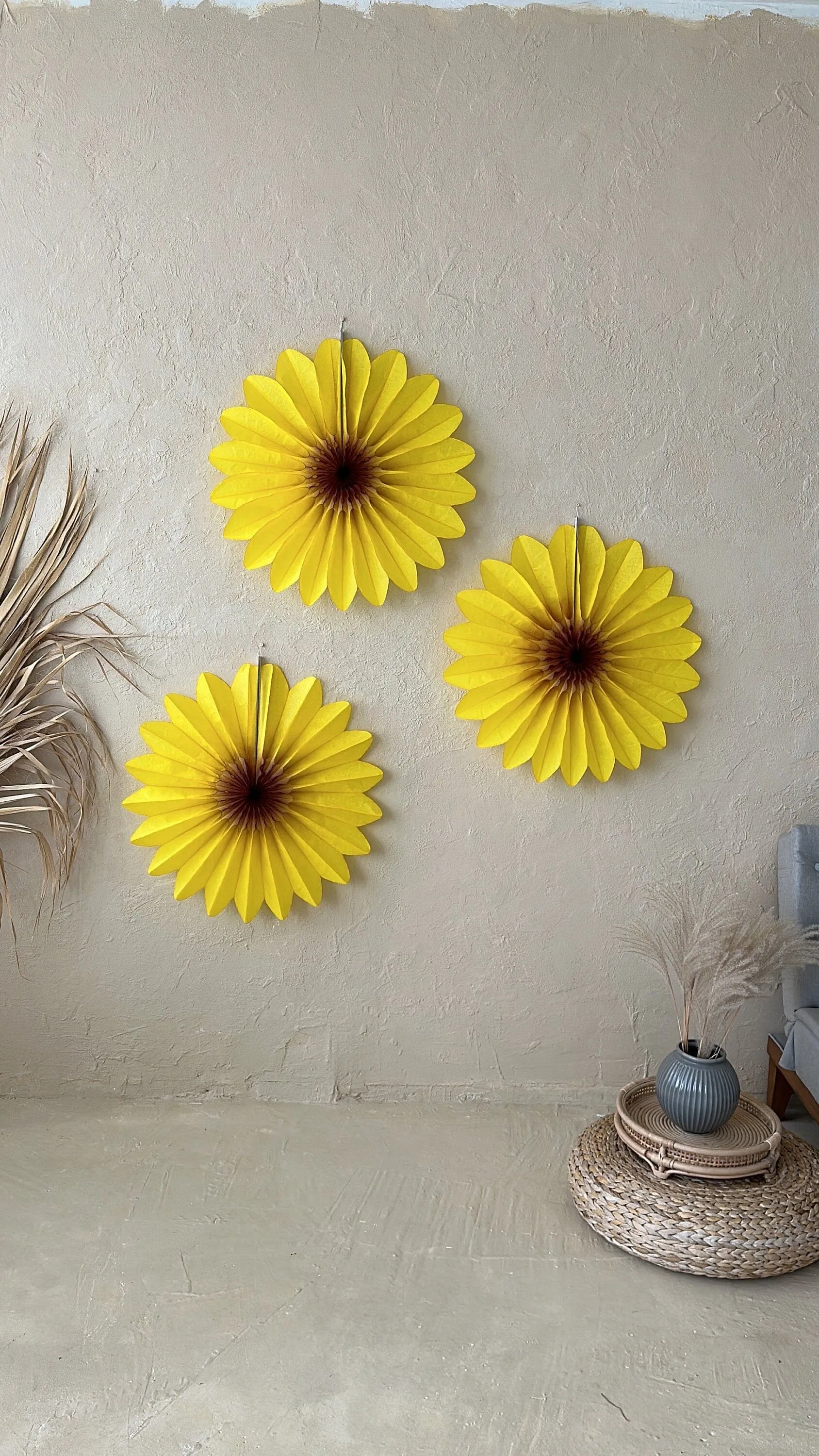 Set of 3 Beautiful Yellow Paper sunflower Flowers - Huge Paper Fan Party Decorations -  Paper Flower Decor for Weddings and birthday decor