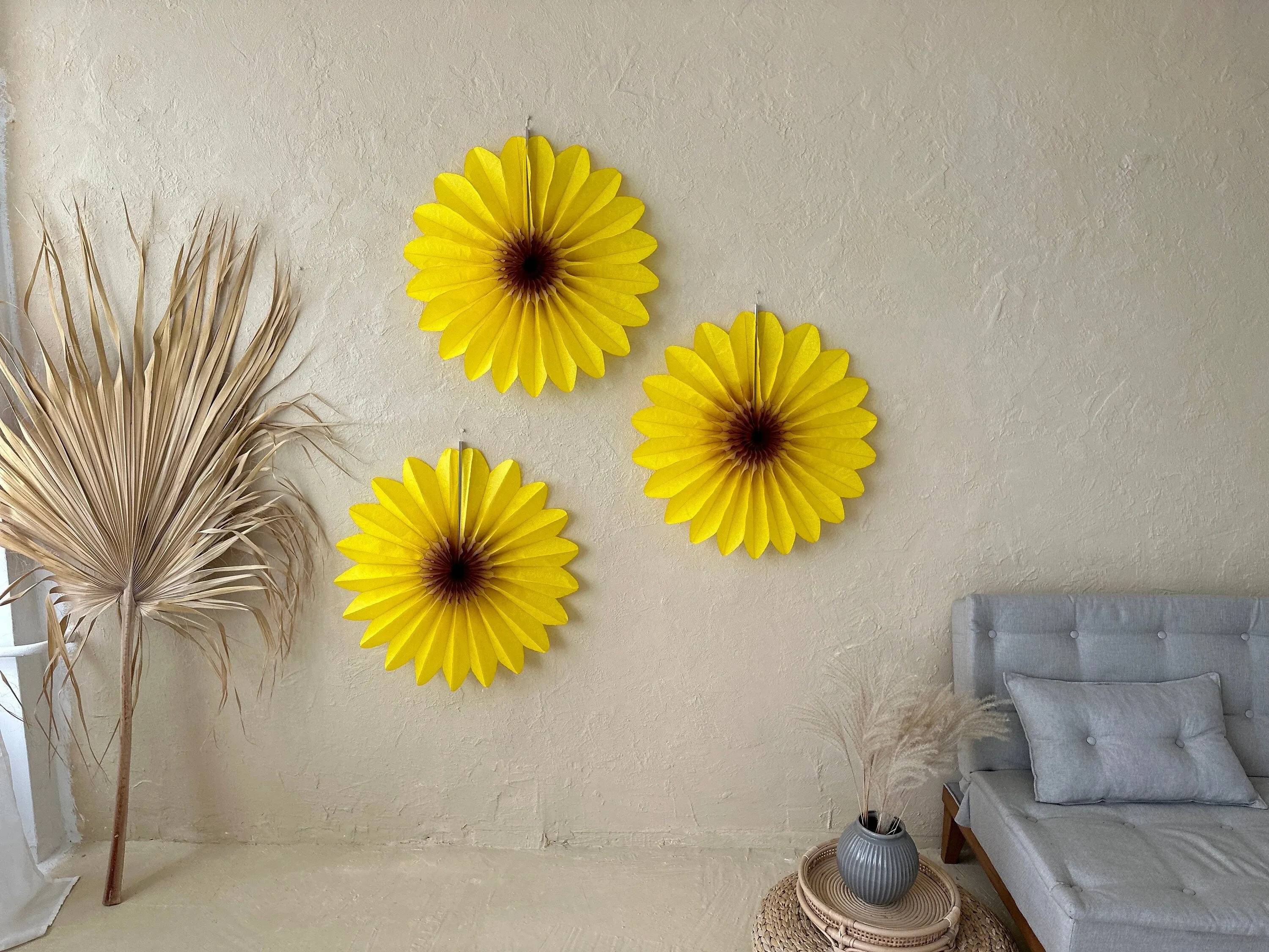 Set of 3 Beautiful Yellow Paper sunflower Flowers - Huge Paper Fan Party Decorations -  Paper Flower Decor for Weddings and birthday decor