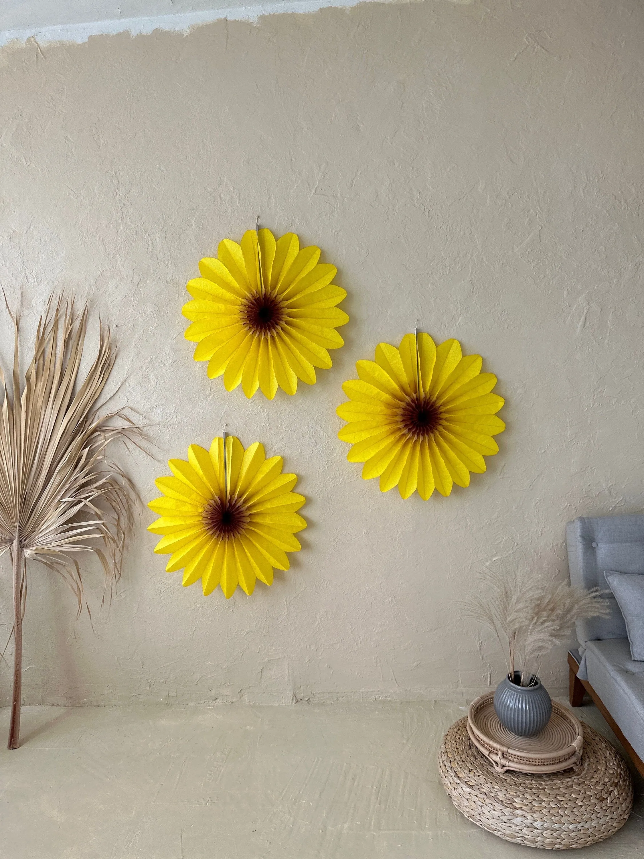 Set of 3 Beautiful Yellow Paper sunflower Flowers - Huge Paper Fan Party Decorations -  Paper Flower Decor for Weddings and birthday decor