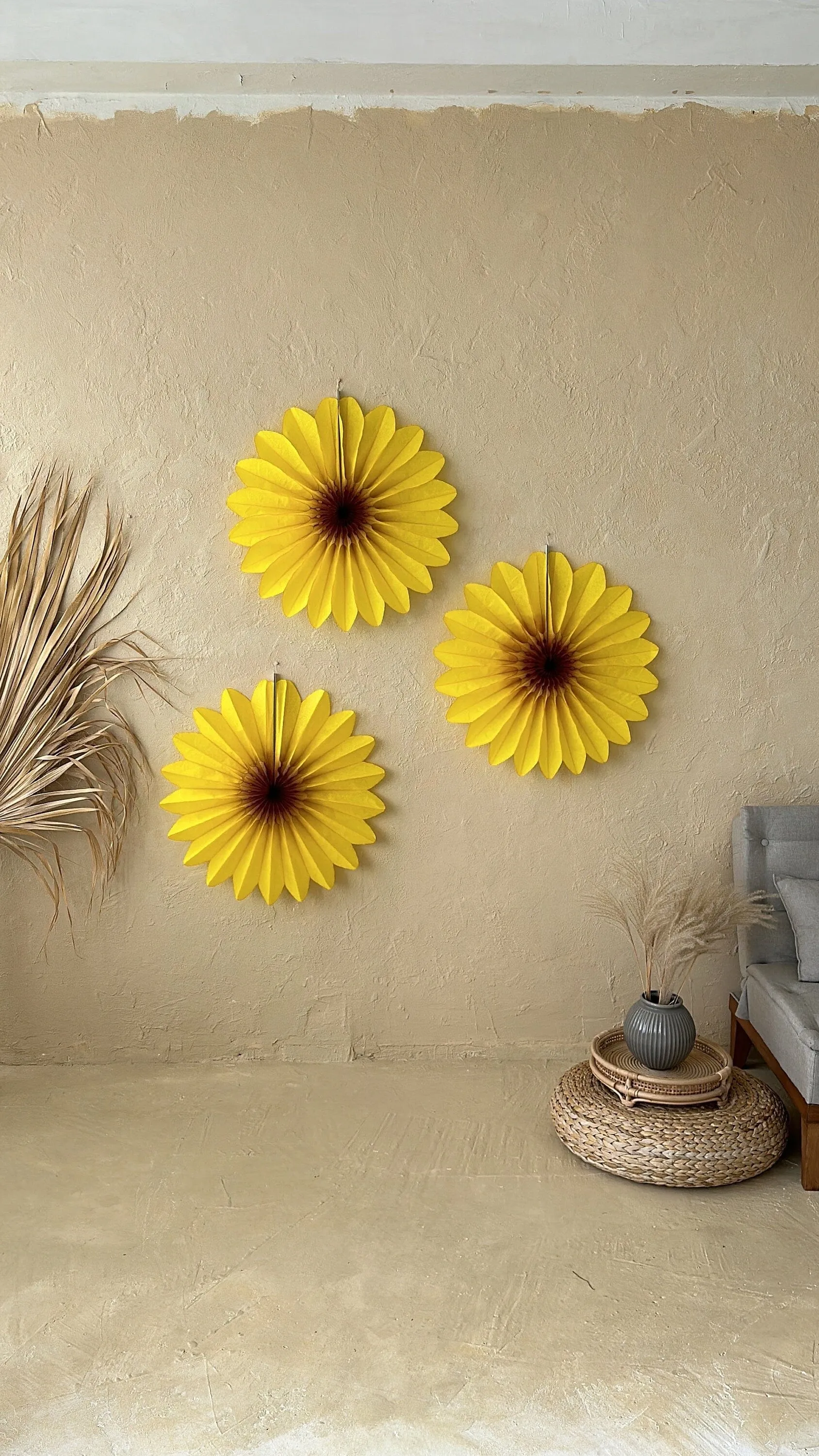 Set of 3 Beautiful Yellow Paper sunflower Flowers - Huge Paper Fan Party Decorations -  Paper Flower Decor for Weddings and birthday decor