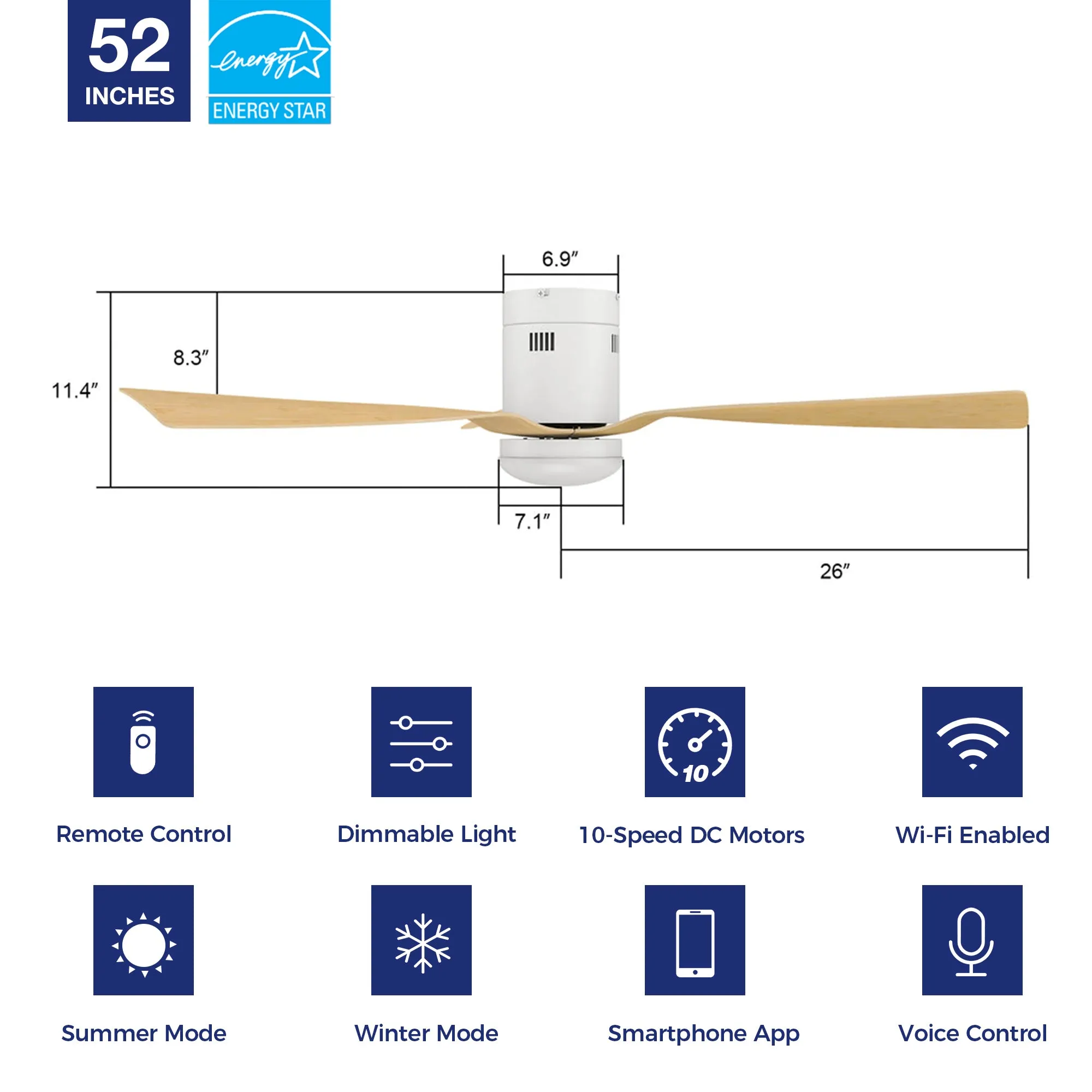 Striver Low Profile Smart Fan with LED light and Remote 52 Inch