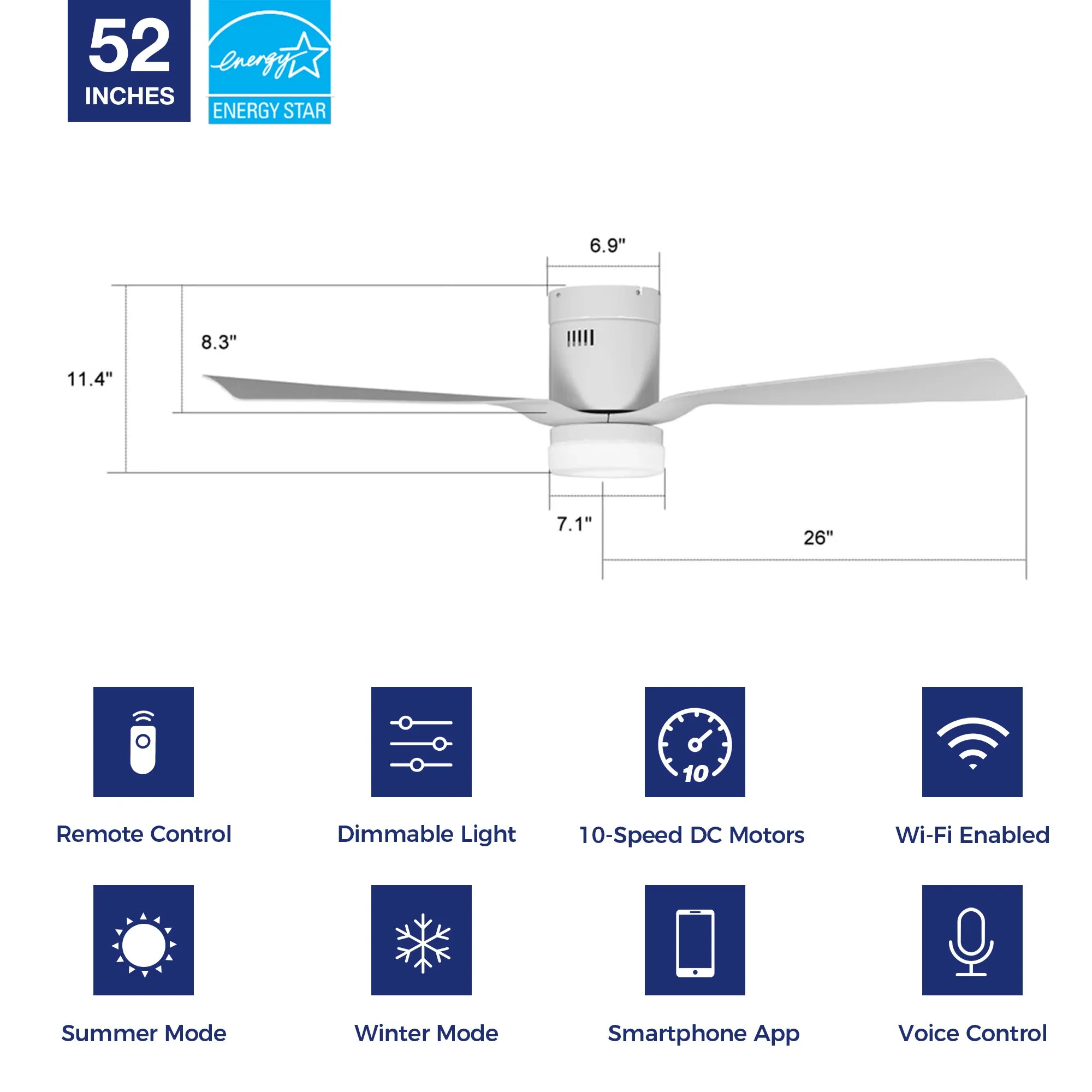 Striver Low Profile Smart Fan with LED light and Remote 52 Inch