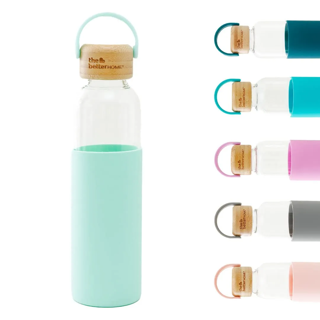 The Better Home Borosilicate Glass Water Bottle with Sleeve (500ml) | Bamboo Lid & Silicon Sleeve | Fridge Water Bottles for Home, Office & Gym | Water Bottles for Fridge (Green, Pack of 1)