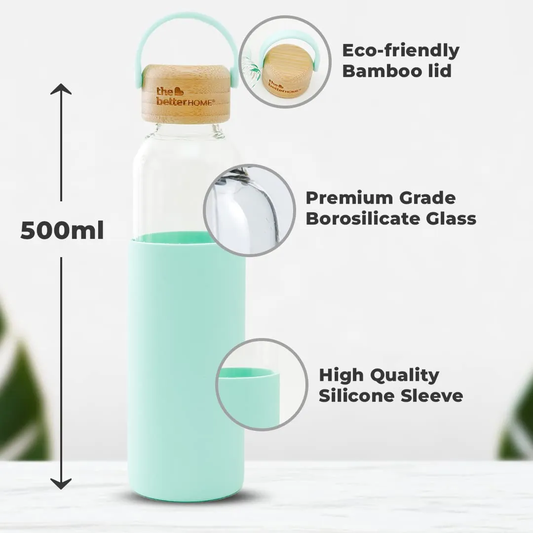 The Better Home Borosilicate Glass Water Bottle with Sleeve (500ml) | Bamboo Lid & Silicon Sleeve | Fridge Water Bottles for Home, Office & Gym | Water Bottles for Fridge (Green, Pack of 1)