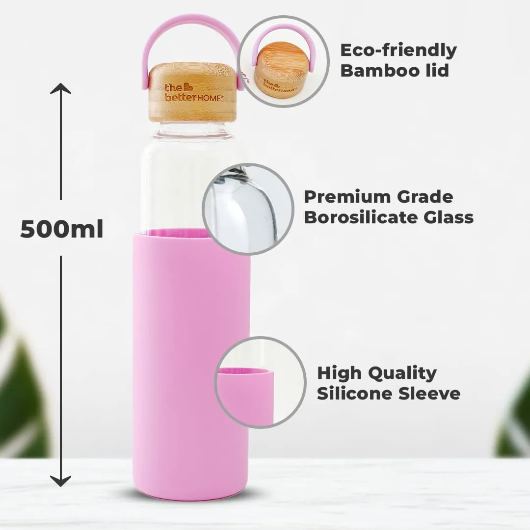 The Better Home Borosilicate Glass Water Bottle with Sleeve (500ml) | Non Slip Silicon Sleeve & Bamboo Lid | Fridge Water Bottles for Men, Women & Kids | Water Bottles for Fridge | Pink (Pack of 10)