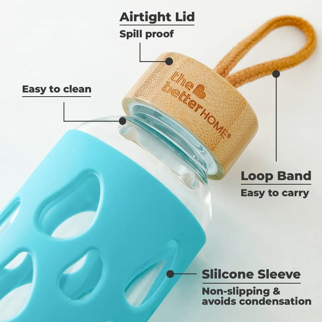 The Better Home Borosilicate Glass Water Bottle with Sleeve 550ml | Non Slip Silicon Sleeve & Bamboo Lid | Water Bottles for Fridge | Light Blue (Pack of 10)