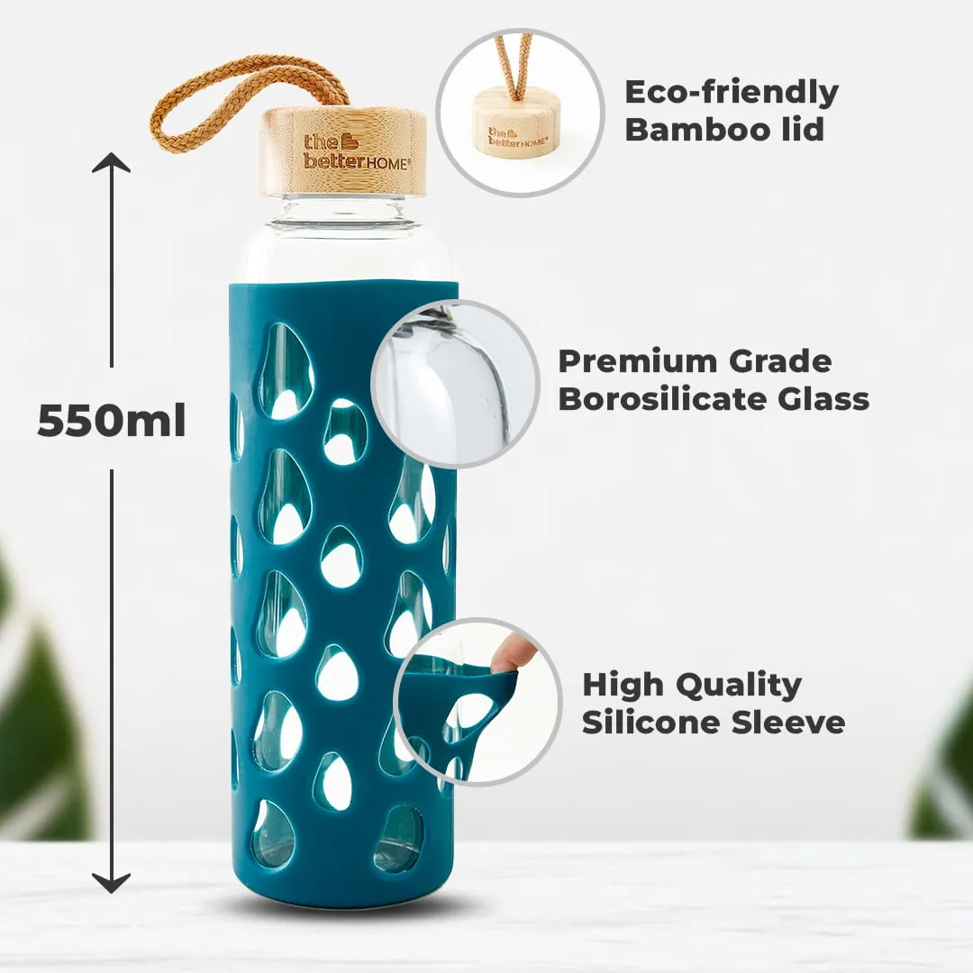 The Better Home Borosilicate Glass Water Bottle with Sleeve (550ml) | Non Slip Silicon Sleeve & Bamboo Lid | Water Bottles for Fridge (Pack of 2)