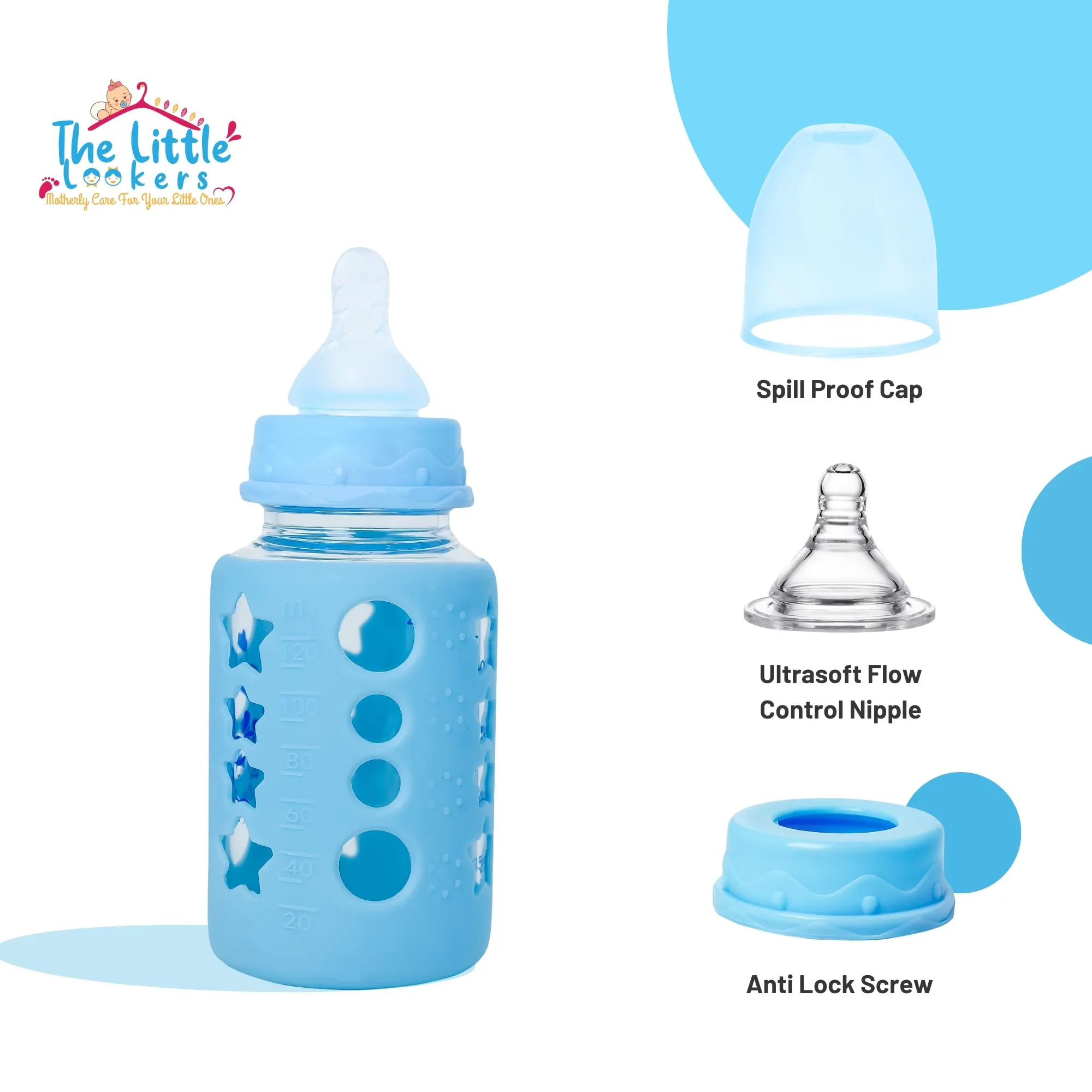 The Little Lookers High Borosilicate Glass Feeding Bottle for Baby/Feeder for Newborn | Super Soft Flow Control & Anti Colic Nipple for Infants/Toddlers