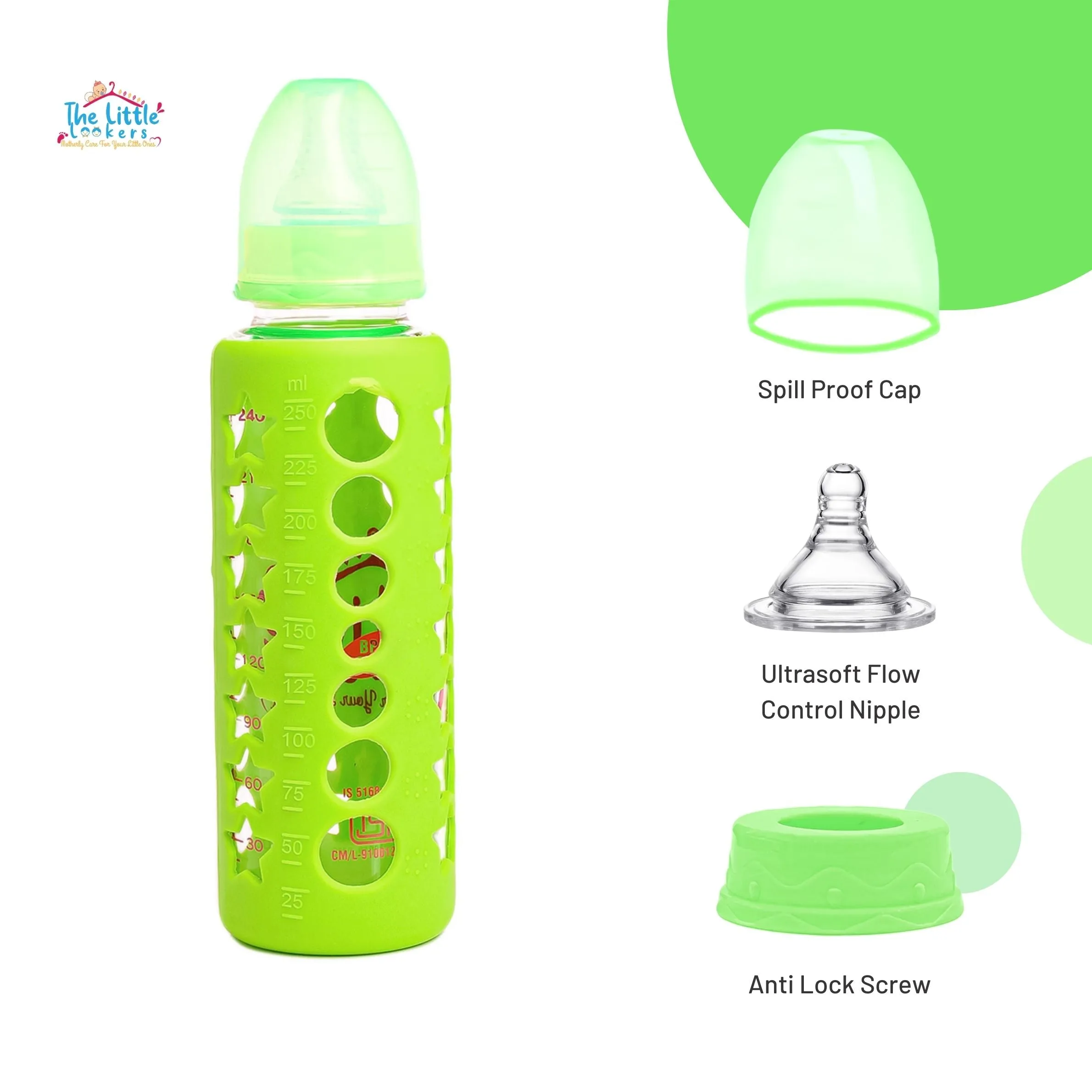 The Little Lookers High Borosilicate Glass Feeding Bottle for Baby/Feeder for Newborn | Super Soft Flow Control & Anti Colic Nipple for Infants/Toddlers