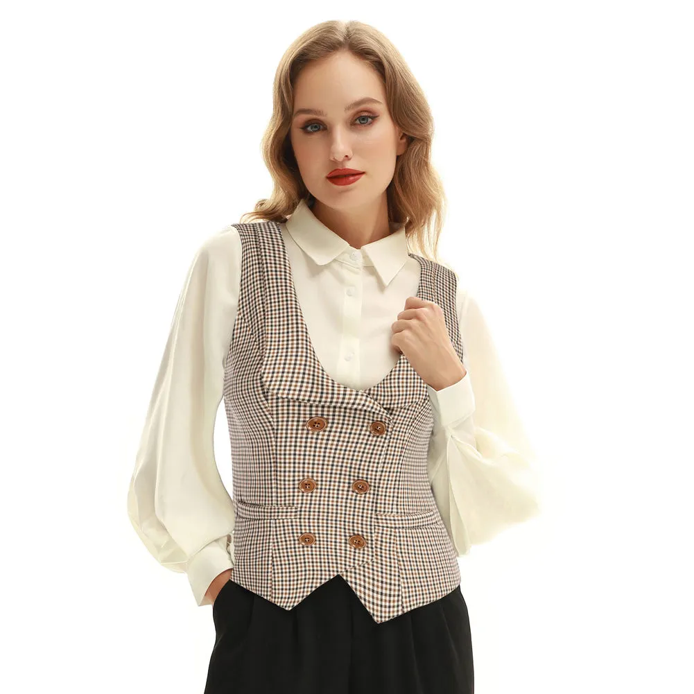 Vintage Fans Look of  Plaid Double Breasted Vest Deep V-Neck Handkerchief Hem Vest Coat