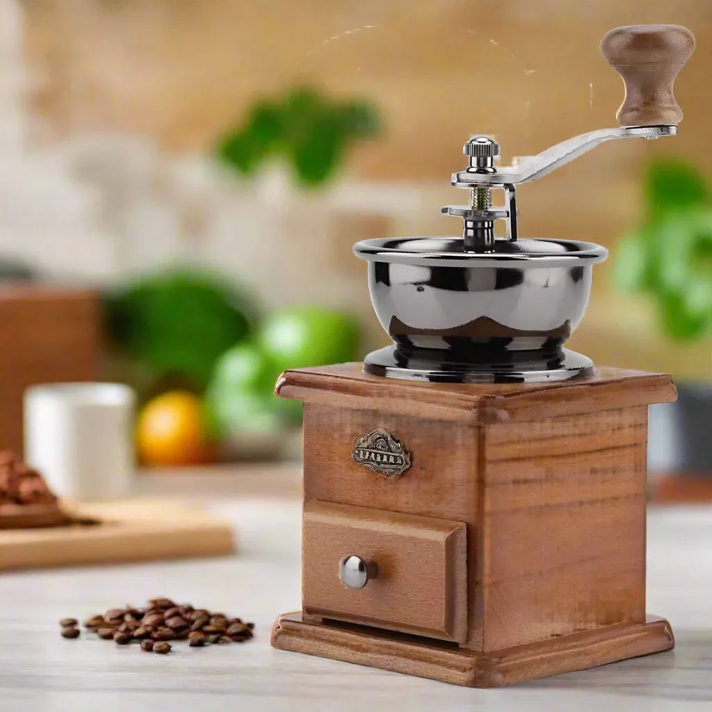 Vintage Manual Coffee Bean Grinder – Portable Handheld Coffee Grinder with Wooden Drawer