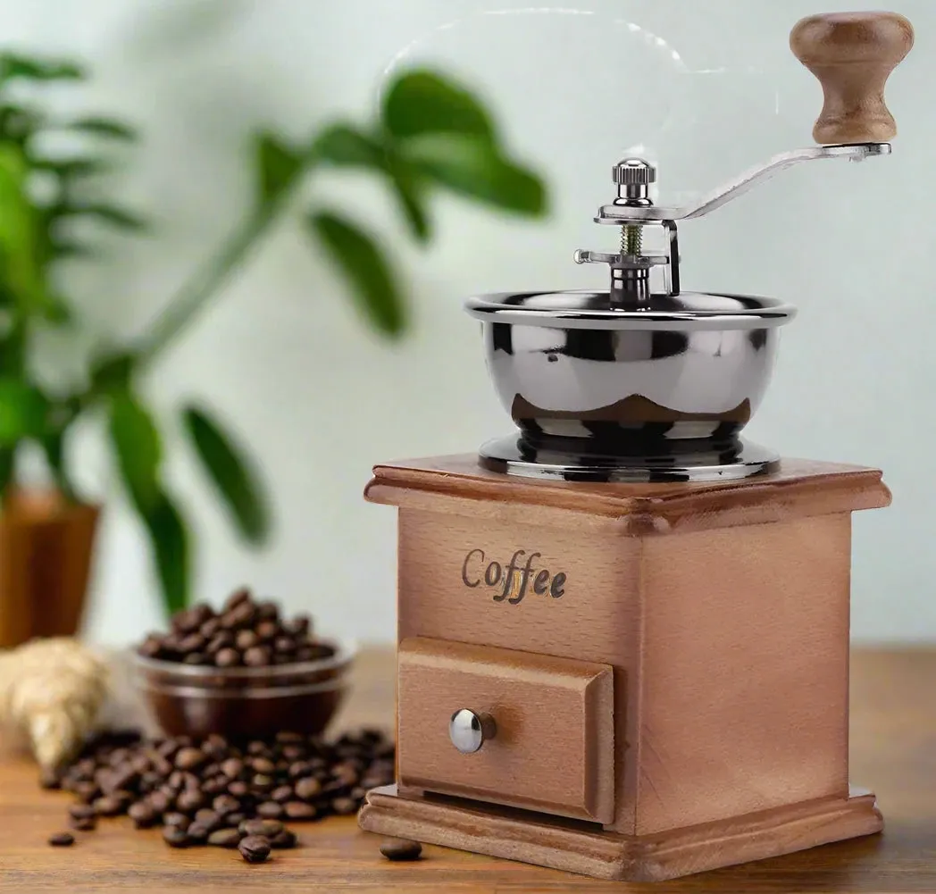 Vintage Manual Coffee Bean Grinder – Portable Handheld Coffee Grinder with Wooden Drawer