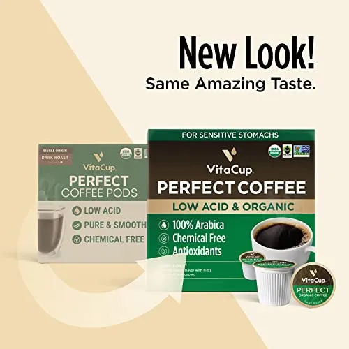 VitaCup Perfect Low Acid Coffee Pods, USDA Organic & Fair Trade, Mycotoxin Free, Dark Roast Guatemala Single Origin, Clean & Pure Recyclable Single Serve Pod compatible w/Keurig K-Cup Brewers,16 CT