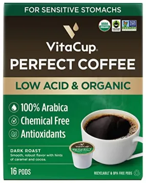 VitaCup Perfect Low Acid Coffee Pods, USDA Organic & Fair Trade, Mycotoxin Free, Dark Roast Guatemala Single Origin, Clean & Pure Recyclable Single Serve Pod compatible w/Keurig K-Cup Brewers,16 CT