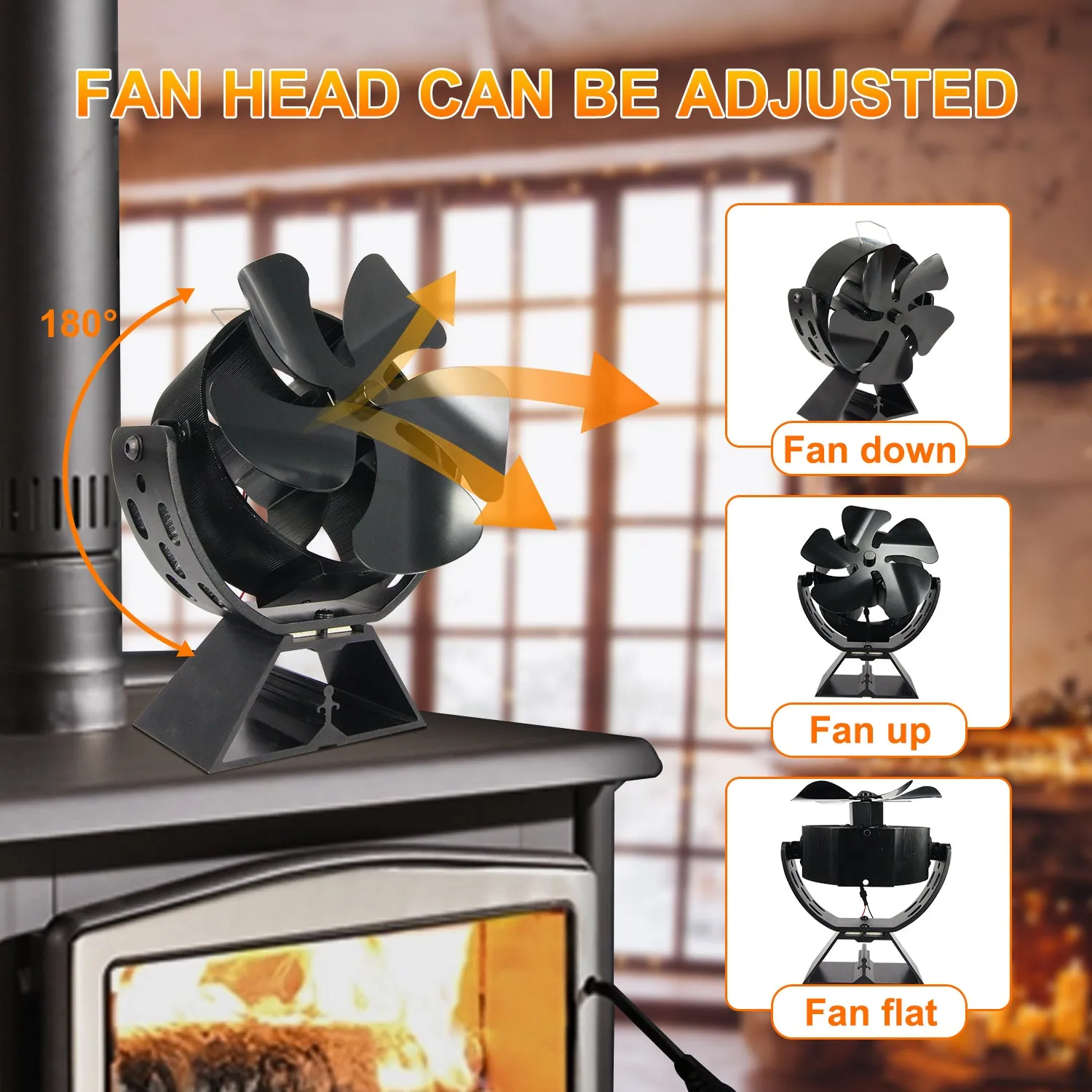 VODA Newly Designed 5 Blades Wood Stove Fan Heat Powered with 180°Adjustment Rotation